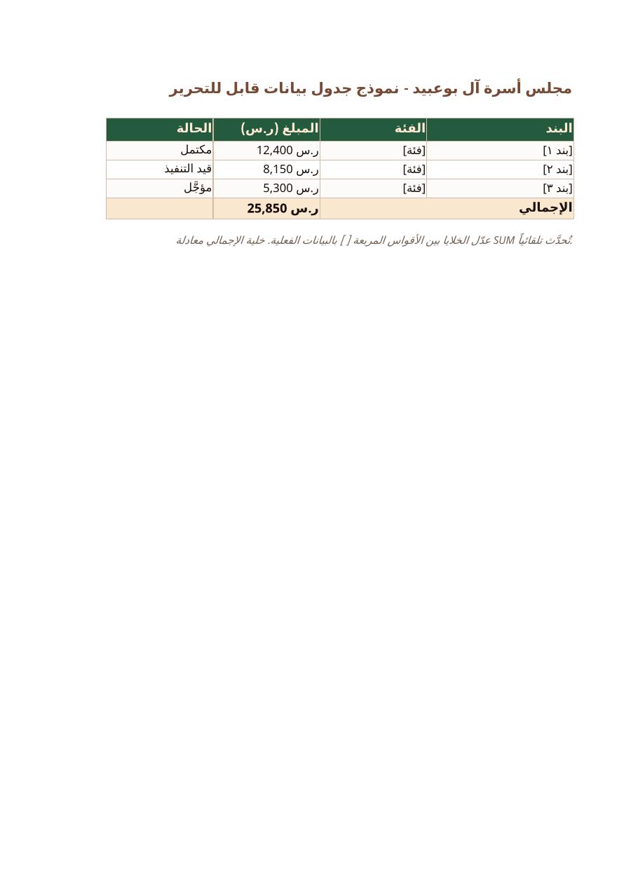 معاينة المستند — قالب جدول البيانات